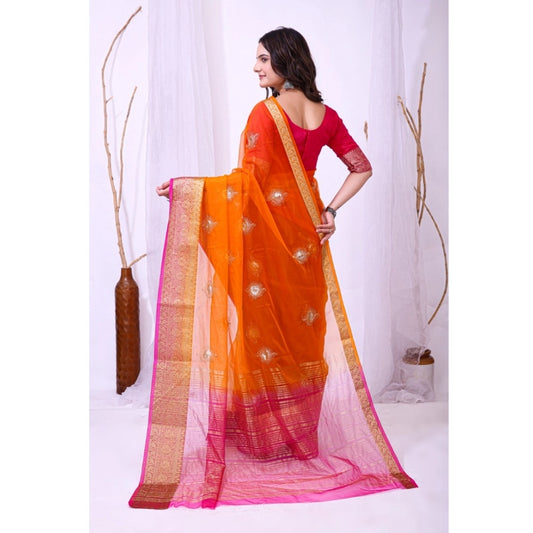 Women's Organza jacquard Embellished Saree With Unstitched Blouse 5.5Mtr (Orange)