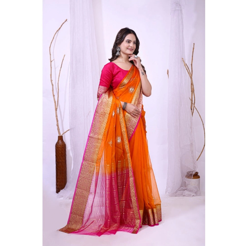 Women's Organza jacquard Embellished Saree With Unstitched Blouse 5.5Mtr (Orange)