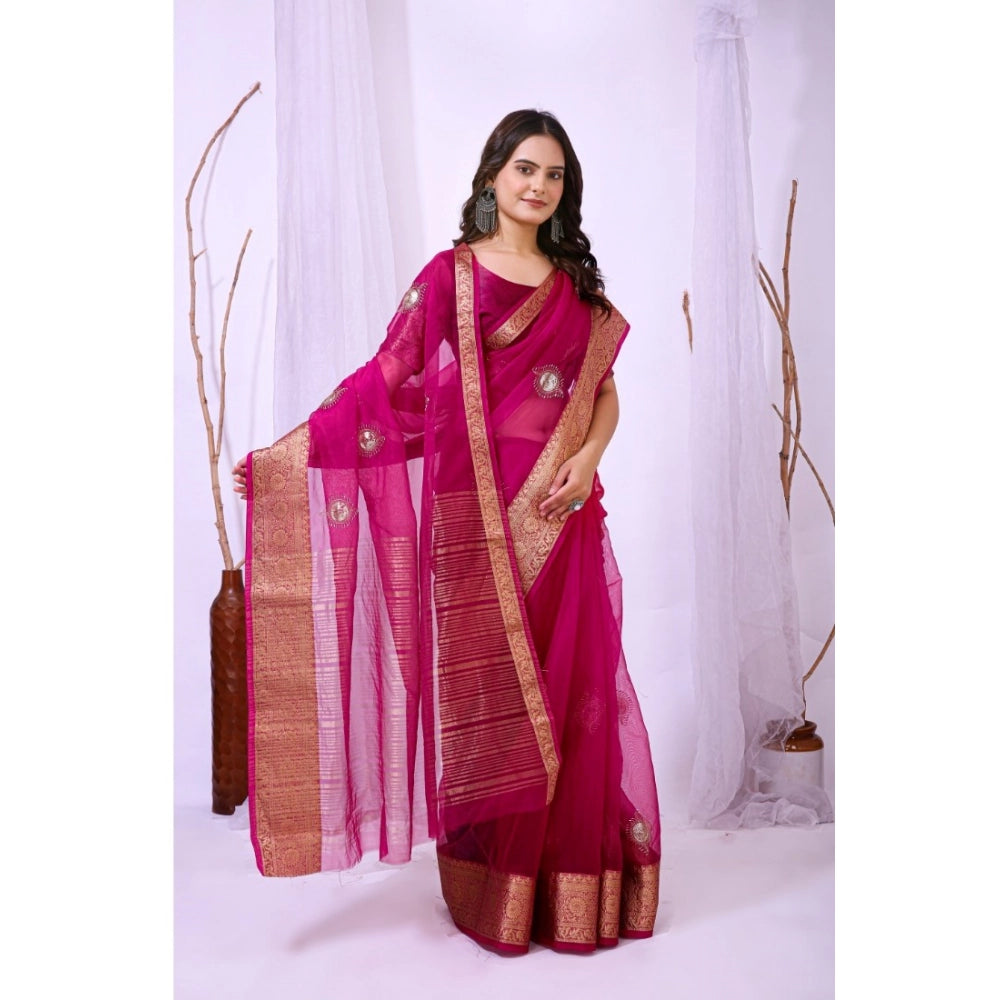 Women's Organza jacquard Embellished Saree With Unstitched Blouse 5.5Mtr (Pink)