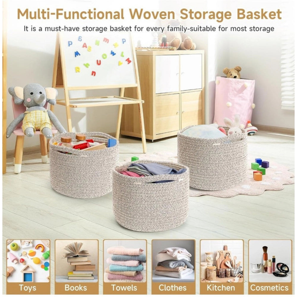 Cotton Kidi 9x7 Inch Pack of 3 Storage Basket For Clothes (Light Brown)