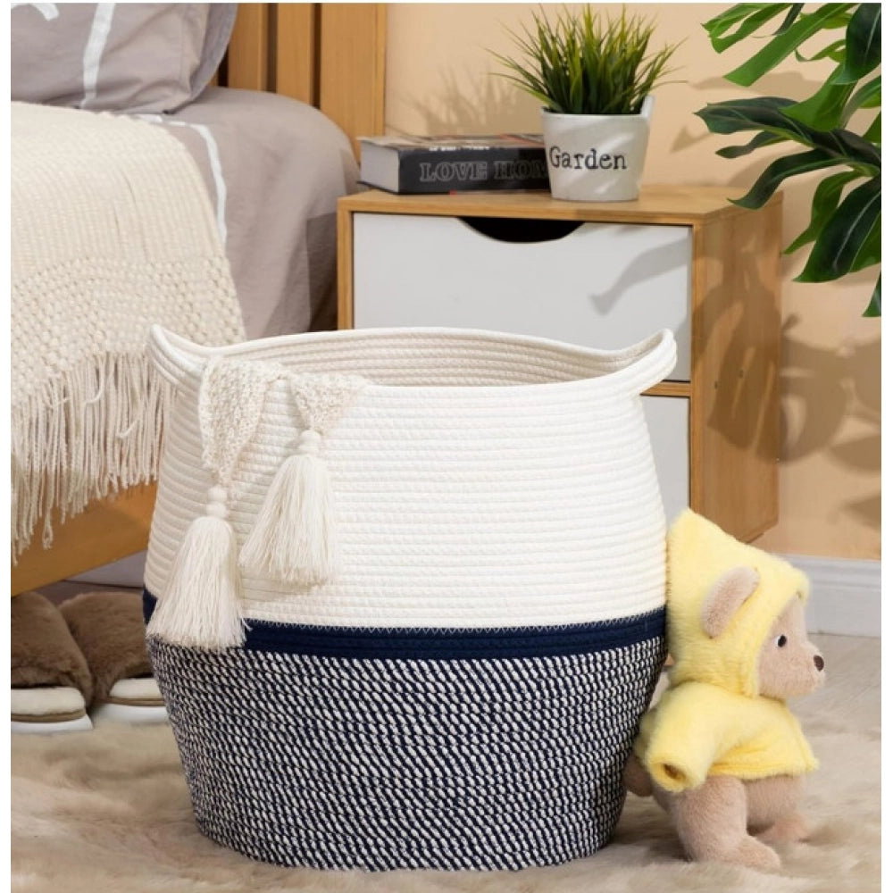Cotton Matka 14x12 Inch Storage Basket For Clothes (Gray White)