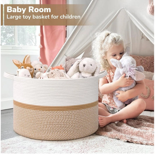 Cotton Dori 16x14 Inch Storage Basket For Clothes (White-Beige White)