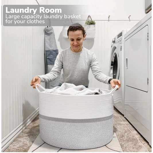 Cotton Dori 16x14 Inch Storage Basket For Clothes (White-Gray White)