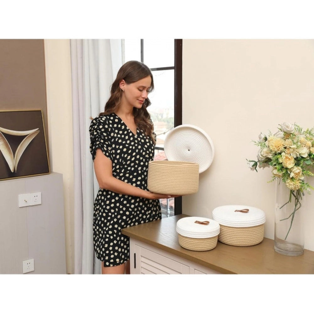 Cotton 3 Pcs Set Roti Box Storage Basket With Lid (Beige)