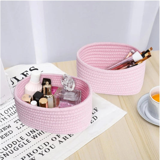 Cotton 8x3 Inch Round 2 Set Bedside Organizer (Pink)