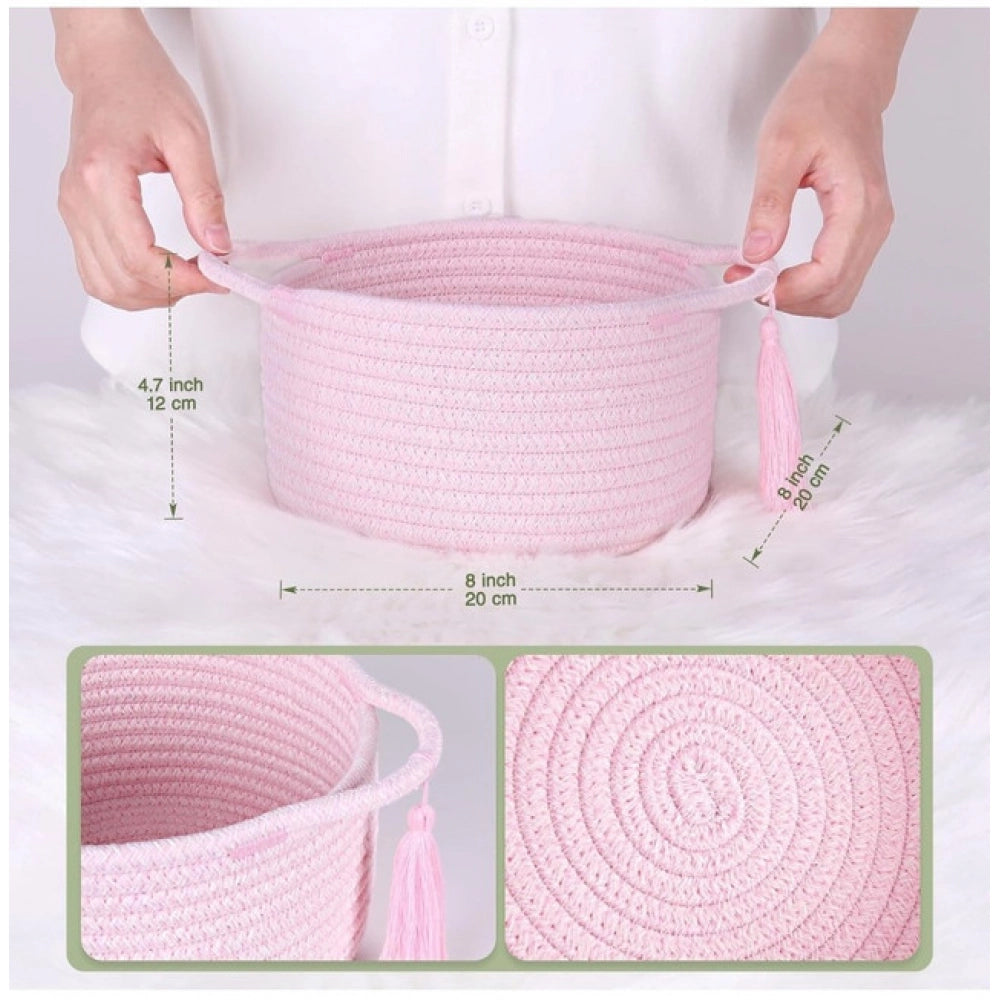 Cotton 8x4 Inch Round 2 Set With Jhalar Bedside Organizer (Pink)