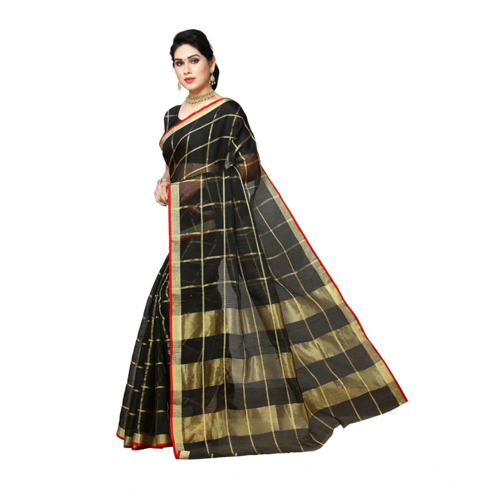 Women's Kota Doria Cotton Saree With Blouse (Black,6-3 Mtrs)