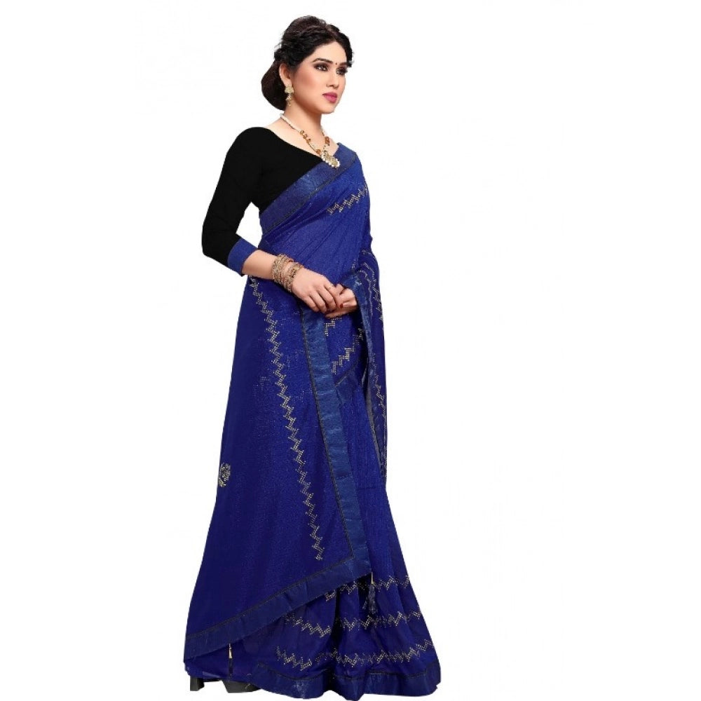 Women's Vichitra Silk HotFix Stone Work Saree With Blouse (Blue, 5-6 Mtrs)