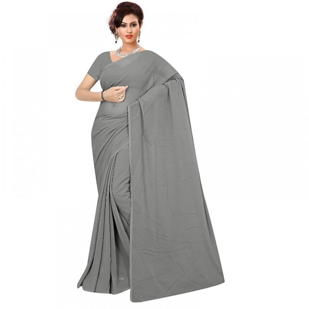 Women's Georgette Plain Saree With Blouse (Grey, 5-6 Mtrs)
