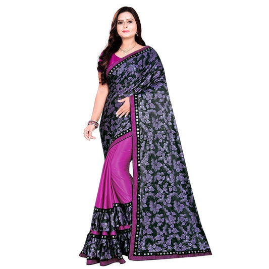 Women's Lycra Blend Saree with Blouse (Purple, 5-6 Mtrs)