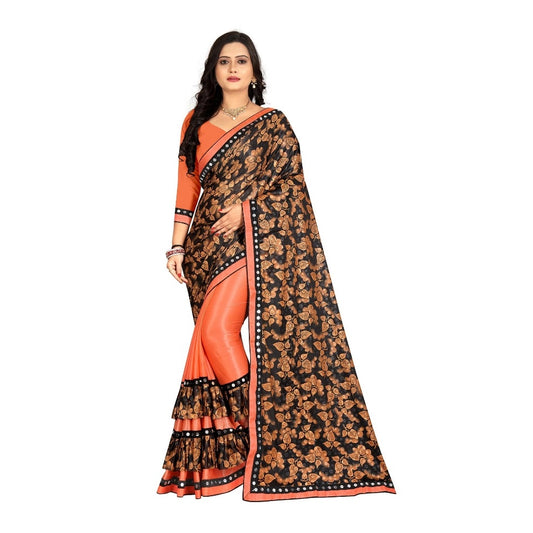 Women's Lycra Blend Saree with Blouse (Orange, 5-6 Mtrs)