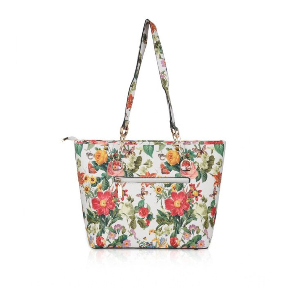 Women's Faux Leather Printed Tote Bag (White Orang)