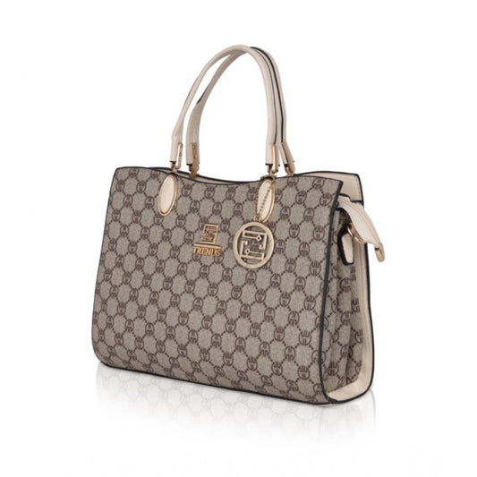 Women's Faux Leather Printed Handbag (Beige)