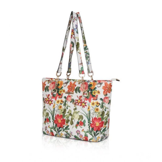 Women's Faux Leather Printed Tote Bag (White Orang)