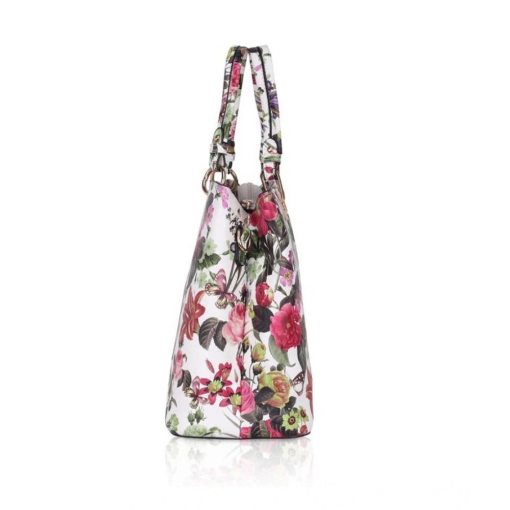 Women's Faux Leather Printed Handheld Bag (White Pink)