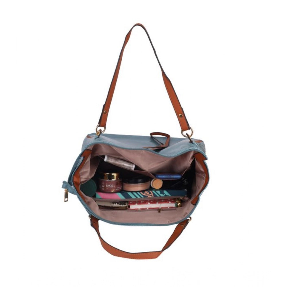 Women's Faux Leather Textured Tote Bag (Blue)