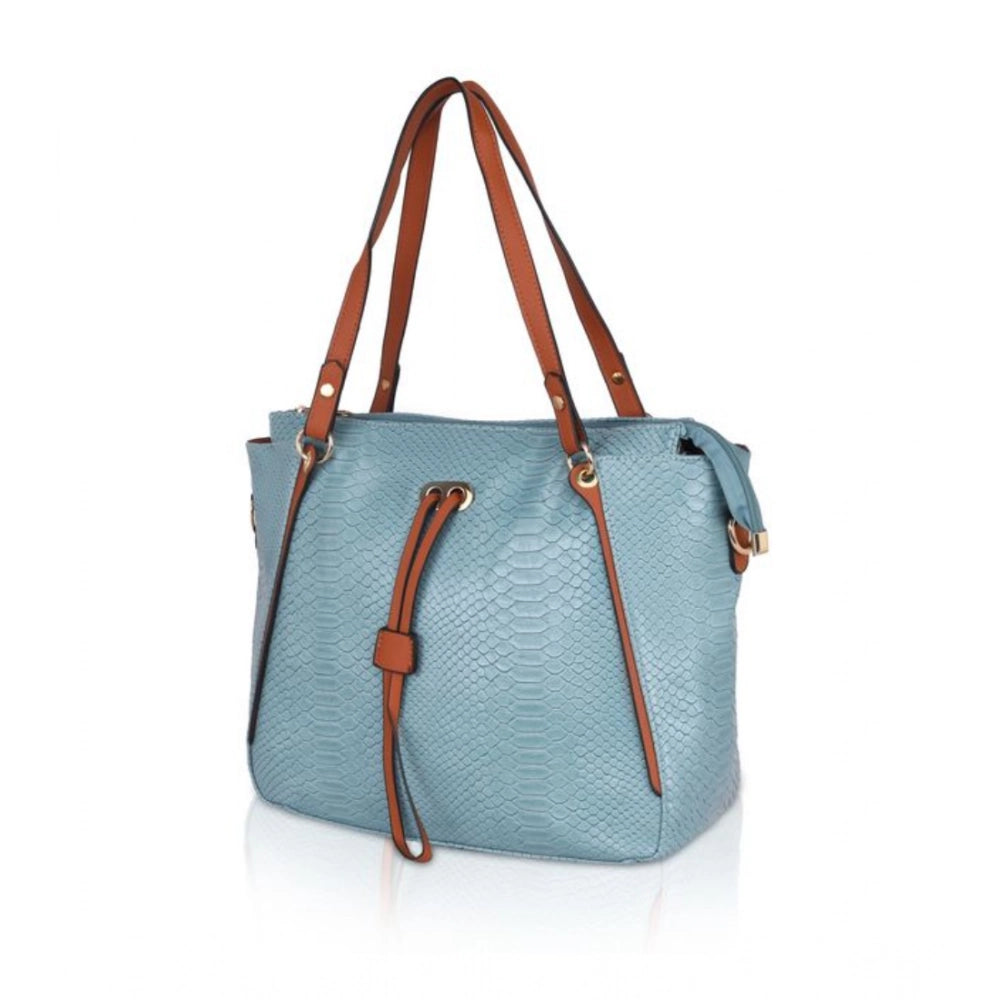 Women's Faux Leather Textured Tote Bag (Blue)