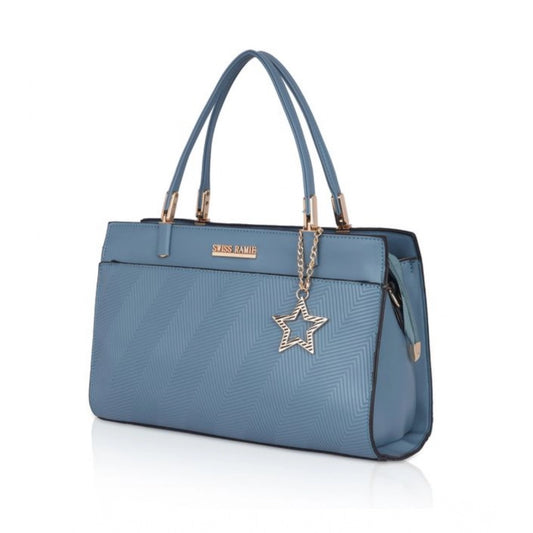 Women's Faux Leather Textured Adjustable Long Belt Handbag (Blue)