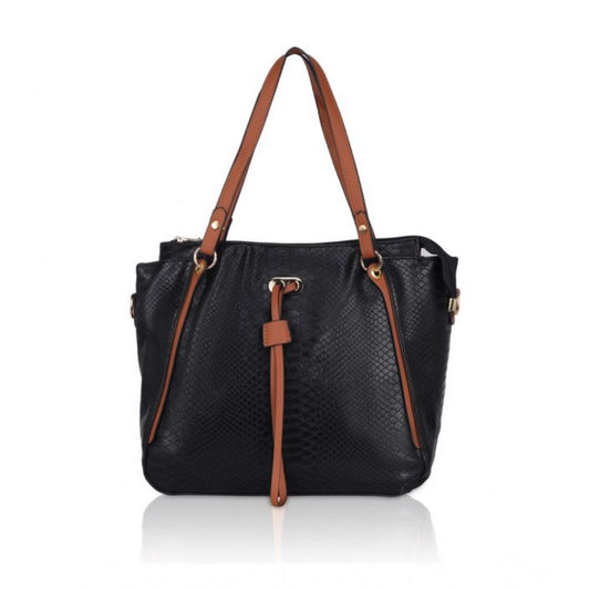 Women's Faux Leather Textured Tote Bag (Black)