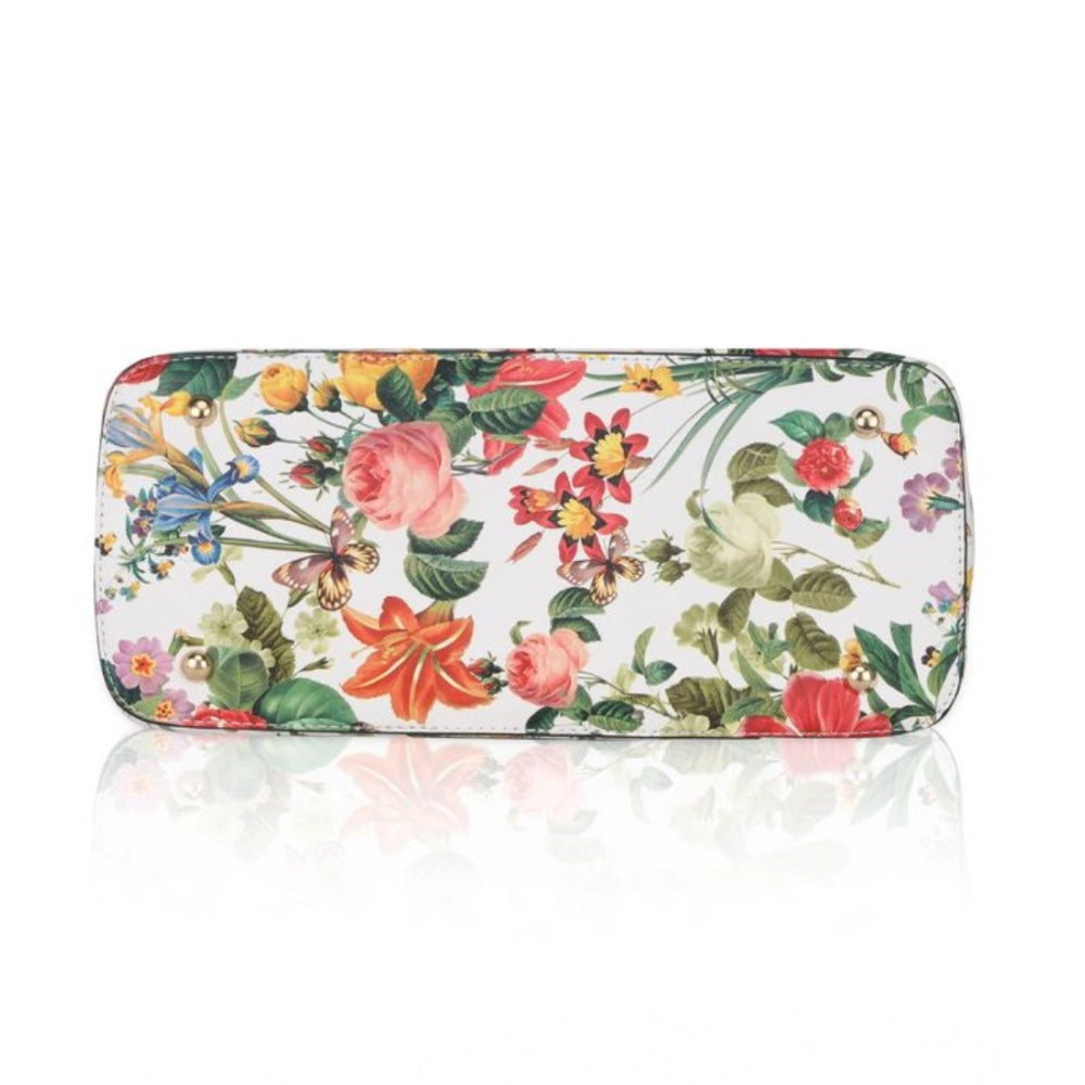 Women's Faux Leather Printed Handheld Bag (White Orang)