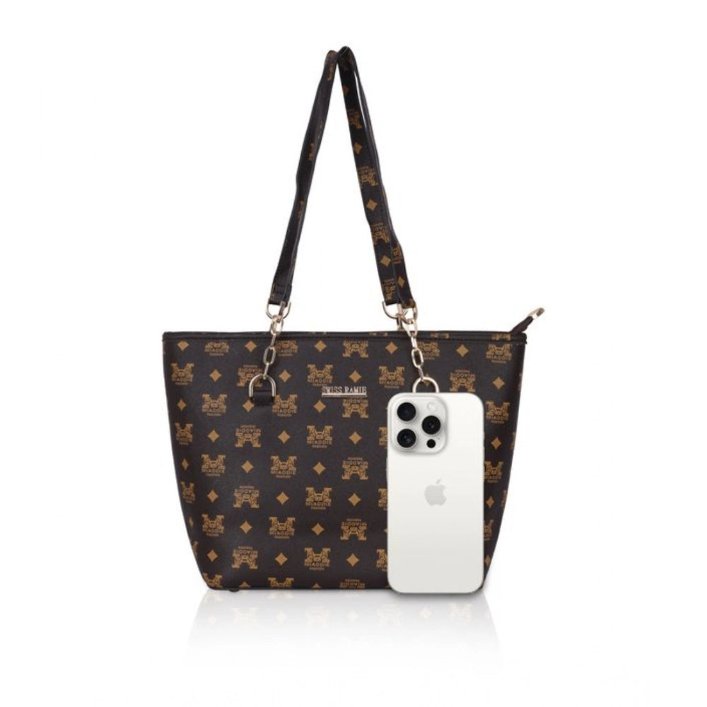 Women's Faux Leather Printed Tote Bag (Brown)