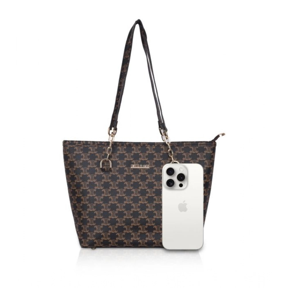 Women's Faux Leather Printed Tote Bag (Brown)