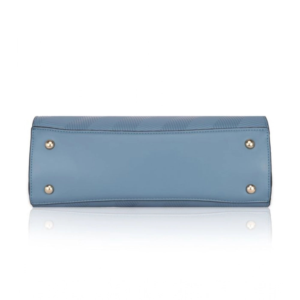 Women's Faux Leather Textured Adjustable Long Belt Handbag (Blue)