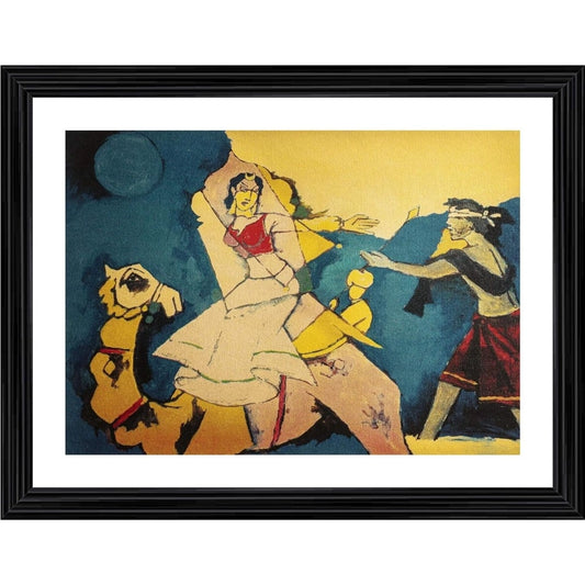 Generic Laila Majnu and Camel Painting With Wood Photo Frame (Multicolor)