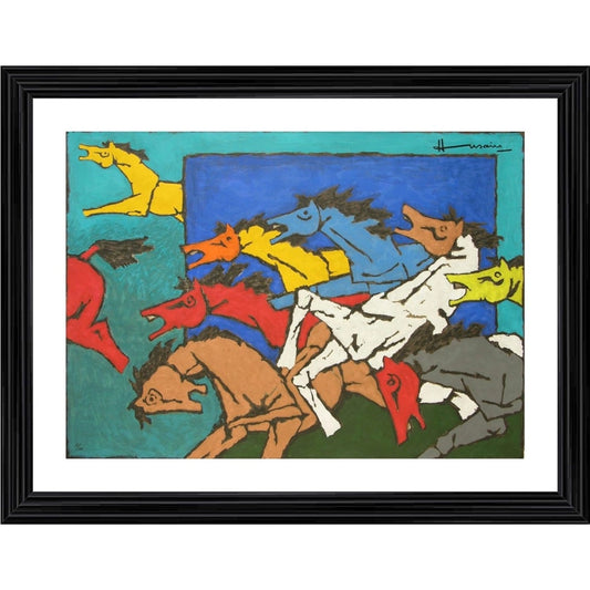 Generic Village Horses Painting With Wood Photo Frame (Multicolor)