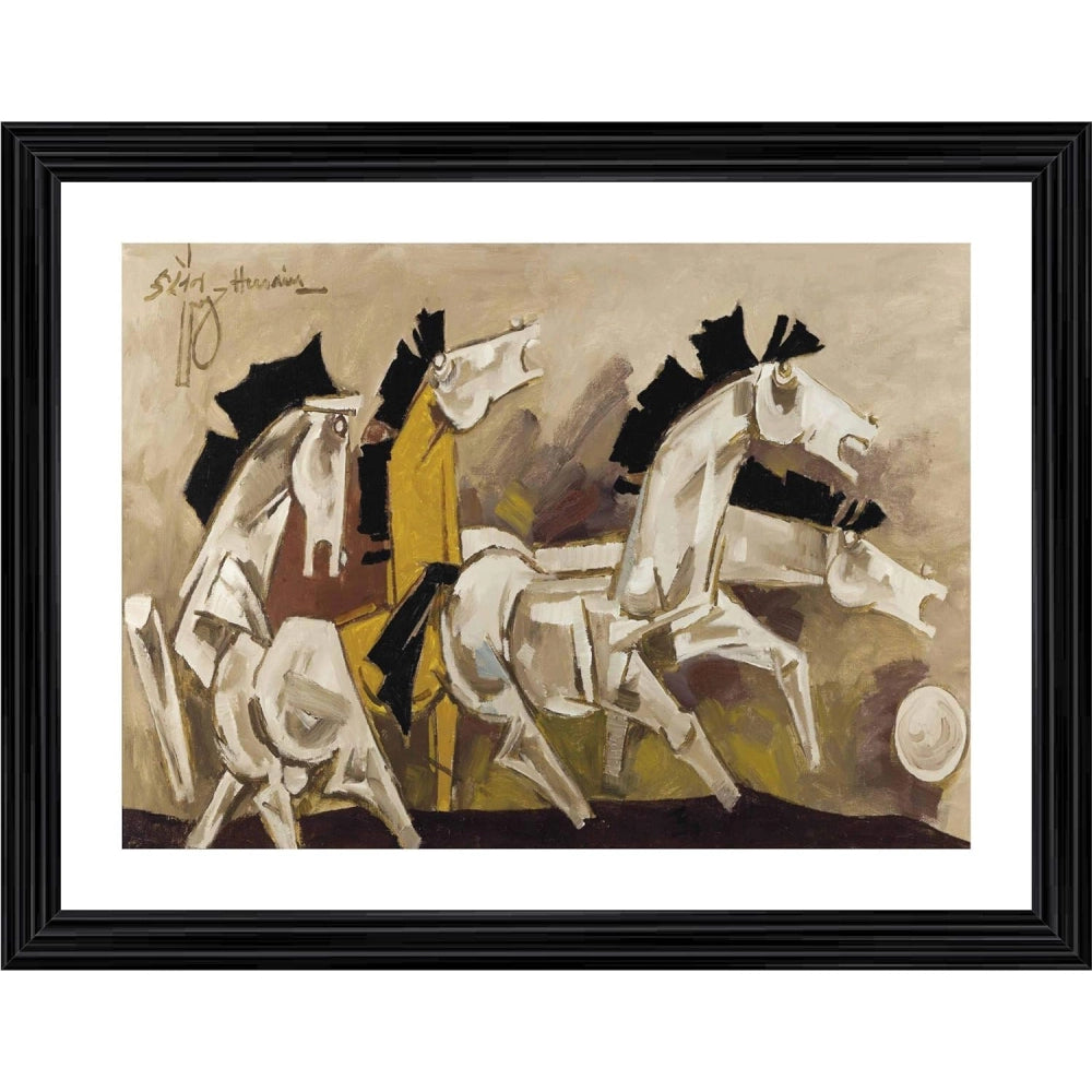 Generic Four Horses Painting With Wood Photo Frame (Multicolor)