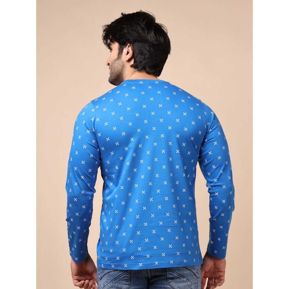 Generic Men's Casual Cotton Printed Round Neck Full Sleeve T-Shirt (Blue)