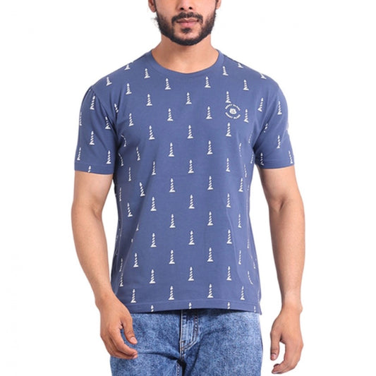 Generic Men's Casual Cotton Printed Round Neck Half Sleeve T-Shirt (Blue)