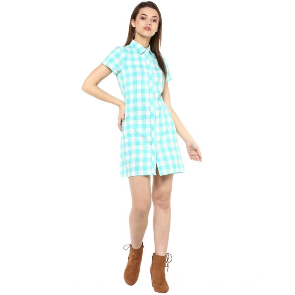 Generic Women's Rayon Checkered Short Sleeve Above Knee Dress (SkuBlue - White)