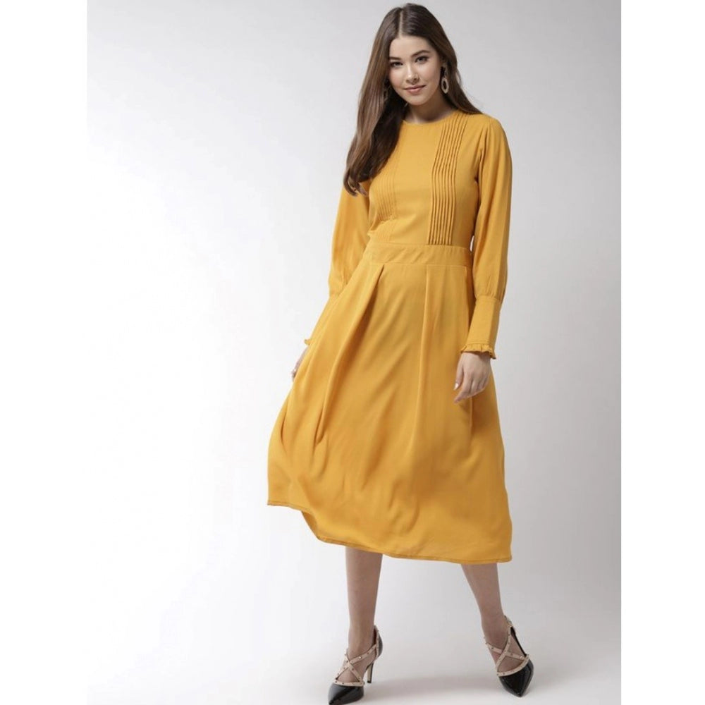 Generic Women's Polyester Pintuck Long Sleeves Below Knee Dress (Yellow)