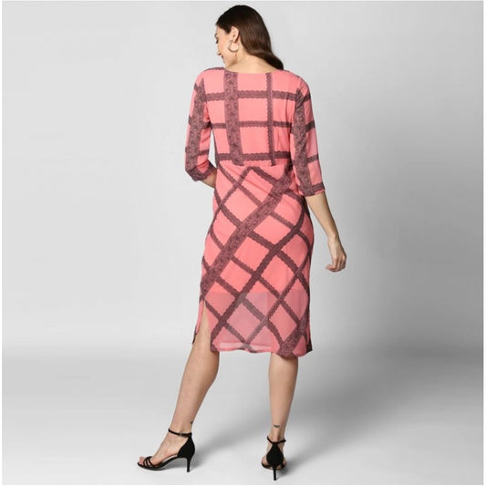 Generic Women's Polyester Checkered 3-4th Sleeves Below Knee Dress (Pink - Black)