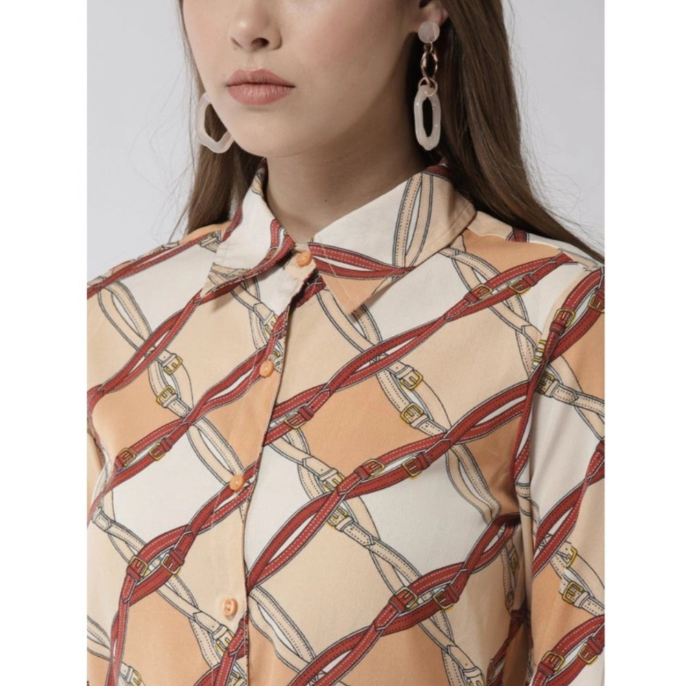 Generic Women's Polyester Printed Roll Up Sleeve Above Knee Dress (Off White - Brown)