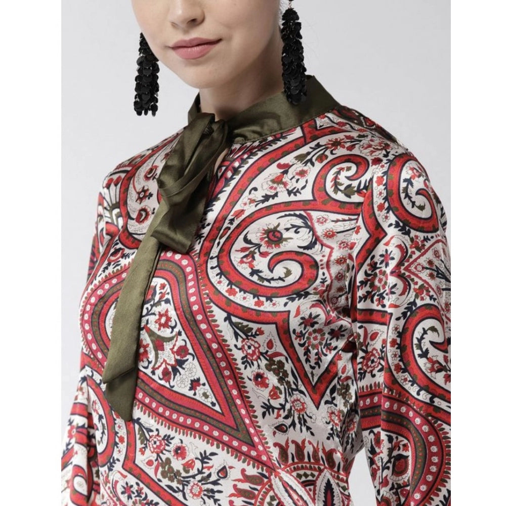 Generic Women's Polyester Printed Long Sleeves Above Knee Dress (Red)