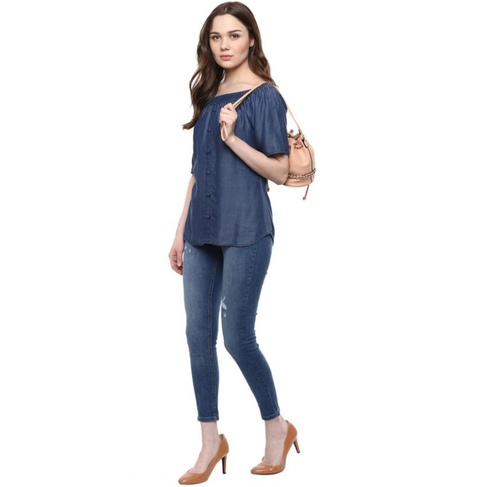 Generic Women's Denim Solid Short Sleeve Regular Top (Blue)