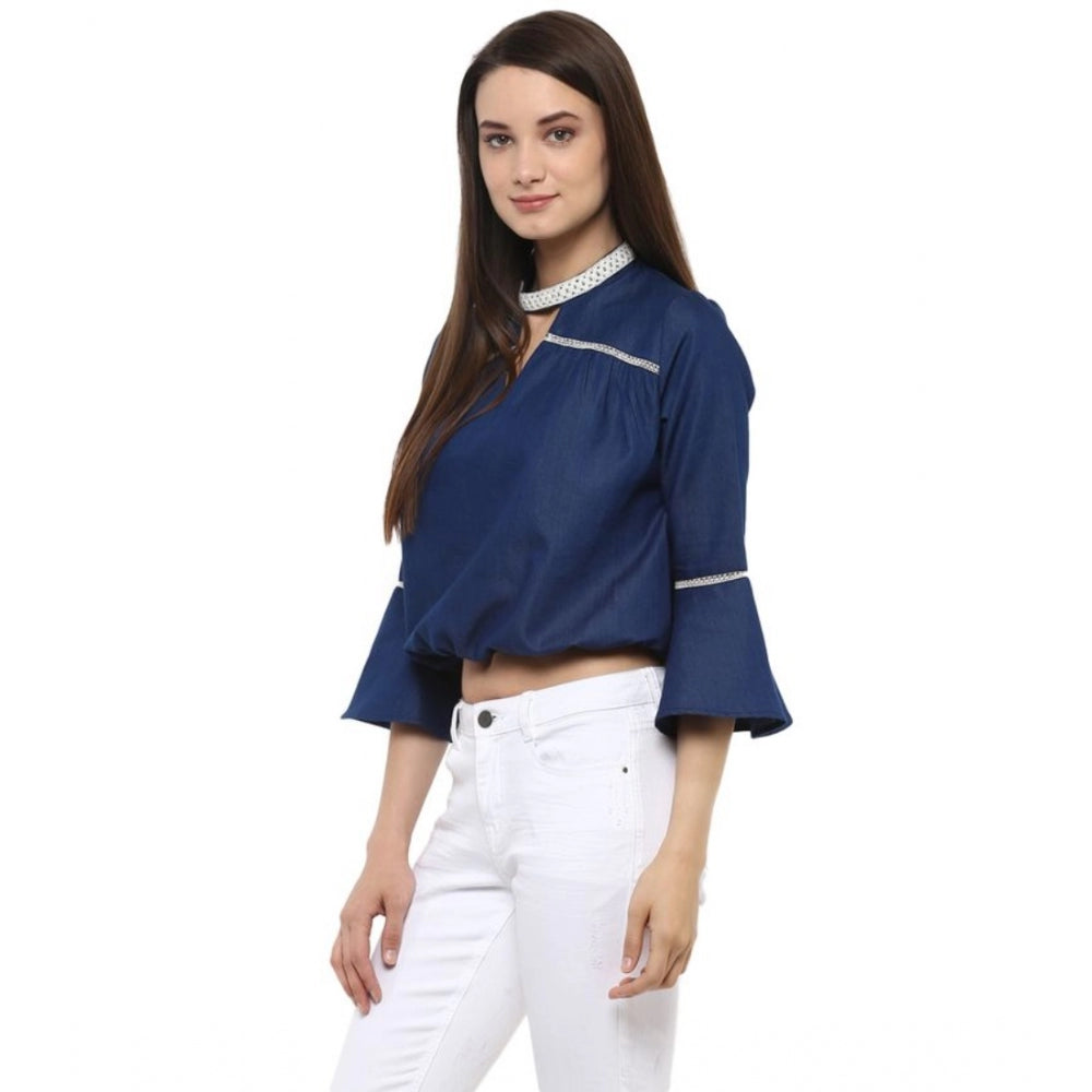 Generic Women's Polyester Solid Bell Sleeve Regular Top (Blue)