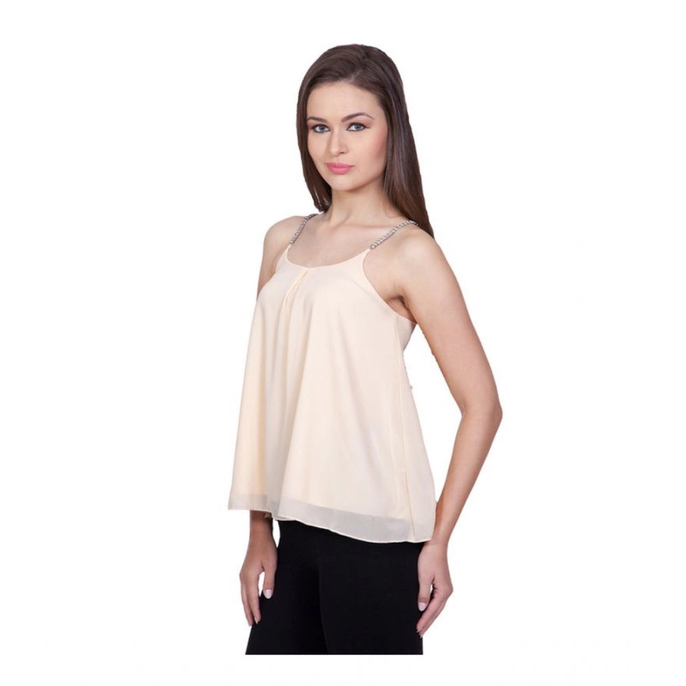 Generic Women's Polyester Solid Shoulder Straps Regular Top (Beige)