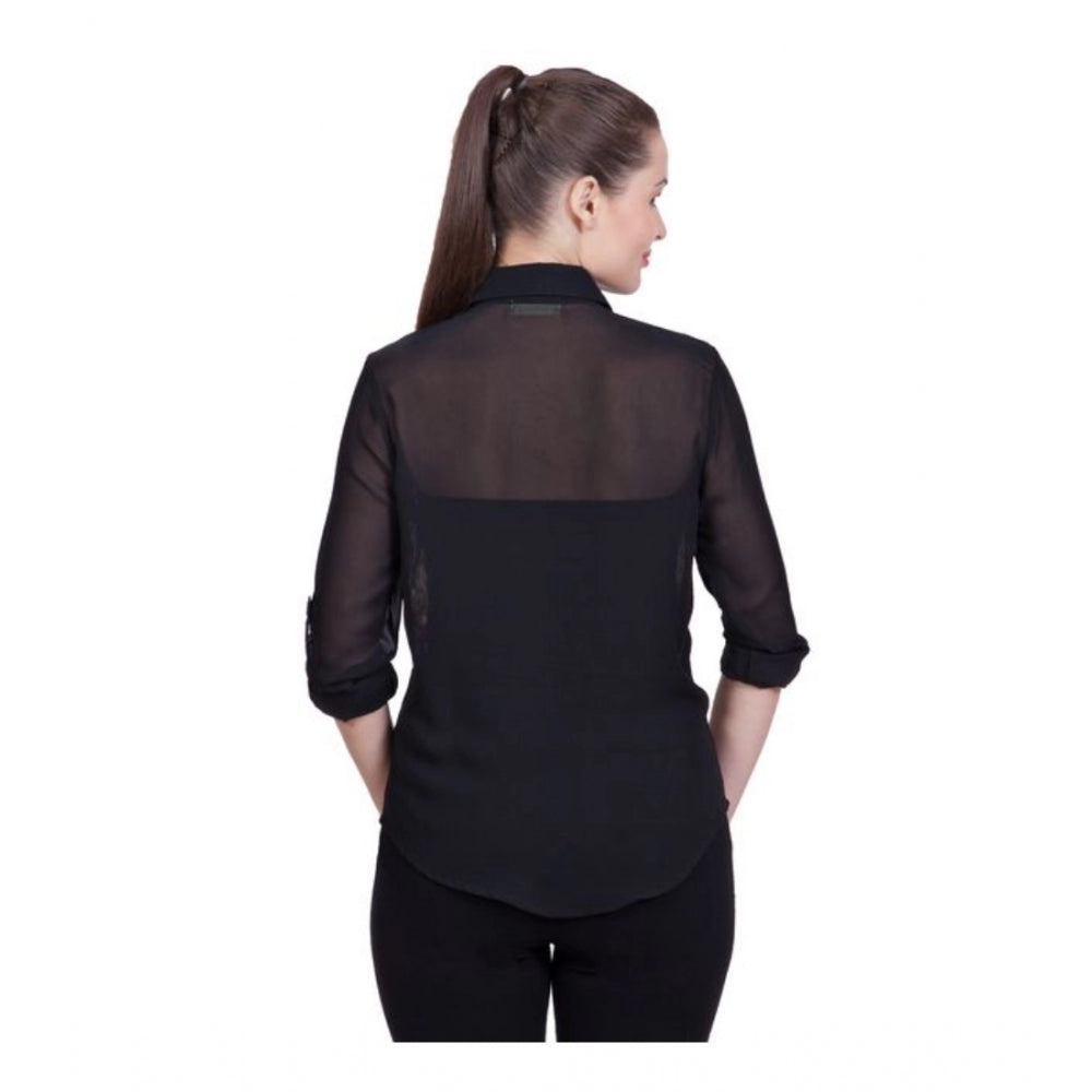 Generic Women's Polyester Printed Roll Up Sleeve Standard Length Shirt (Black)