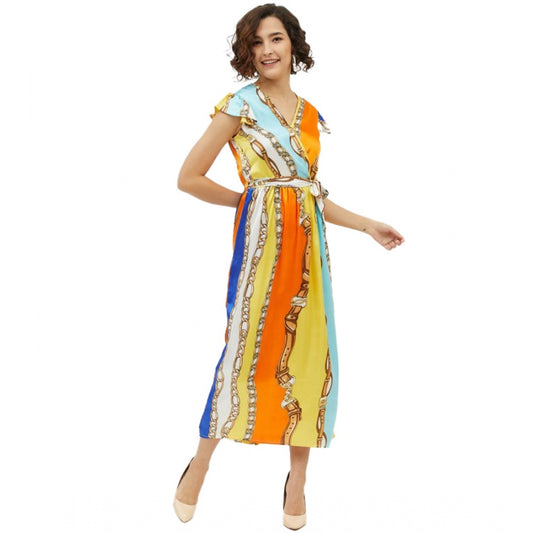 Generic Women's Satin Chain Print Cap Sleeve Calf-length Dress (Multicolor)