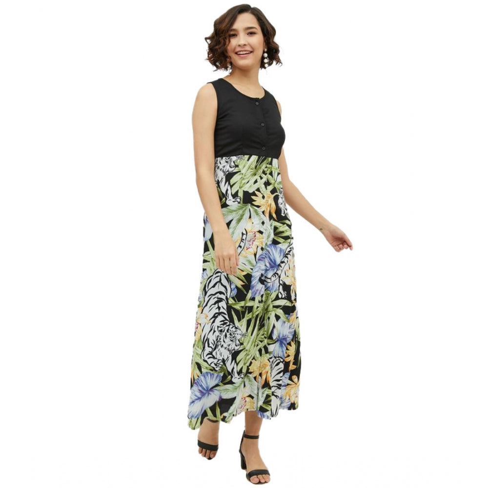 Generic Women's Rayon Floral Sleeveless Calf-length Dress (Multicolor)