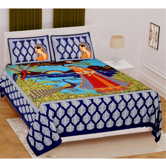 Generic Cotton Printed Queen Size Bedsheet With 2 Pillow Covers (Blue, 90x100 Inch)