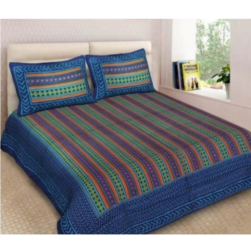 Generic Cotton Printed Queen Size Bedsheet With 2 Pillow Covers (Blue, 90x100 Inch)