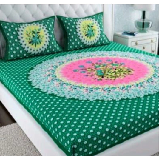 Generic Cotton Printed Queen Size Bedsheet With 2 Pillow Covers (Green, 90x100 Inch)