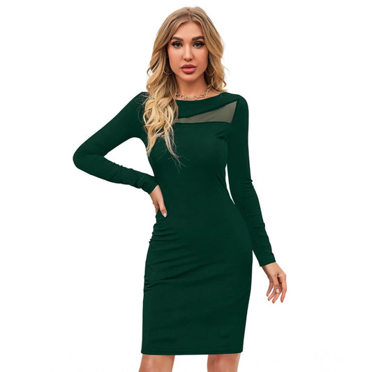 Generic Women's Knitting stretchable Solid Round Neck Full Sleeve Dress (Green )