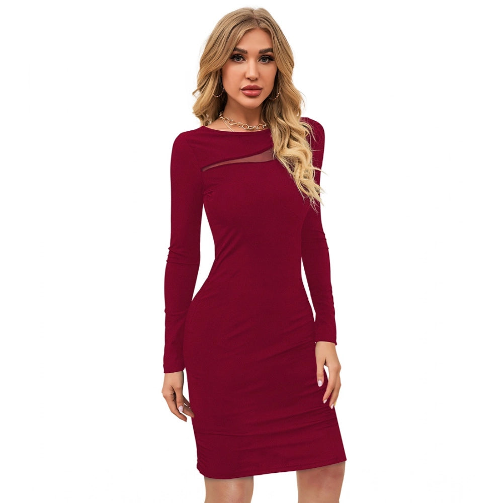 Generic Women's Knitting stretchable Solid Round Neck Full Sleeve Dress (Maroon)