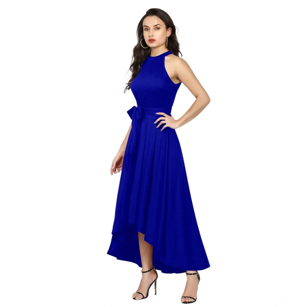 Generic Women's Polyster Solid Halter Neck Sleeveless Dress (Royal Blue)