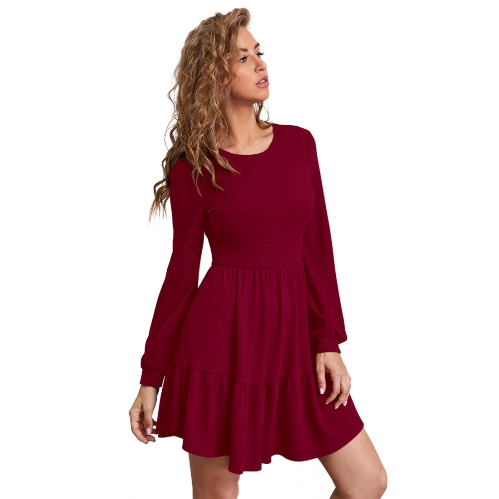 Generic Women's Knitting stretchable Solid Round Neck Full Sleeve Dress (Maroon)